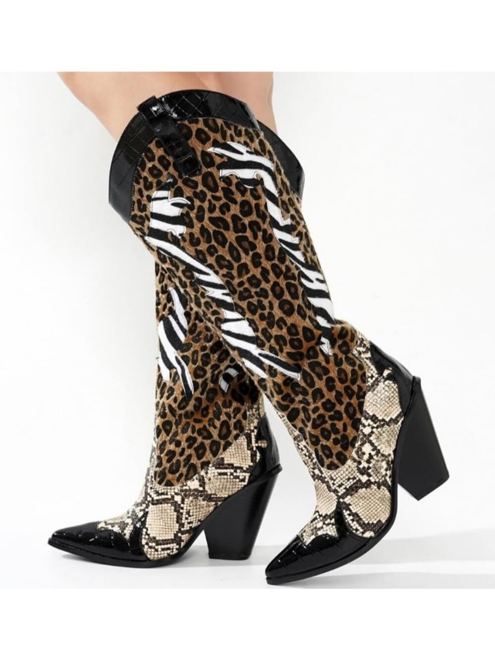 Women's Black Polyurethane Animal Print Pull-On Pointed Toe Over The Knee Boots - Picture 4 of 6